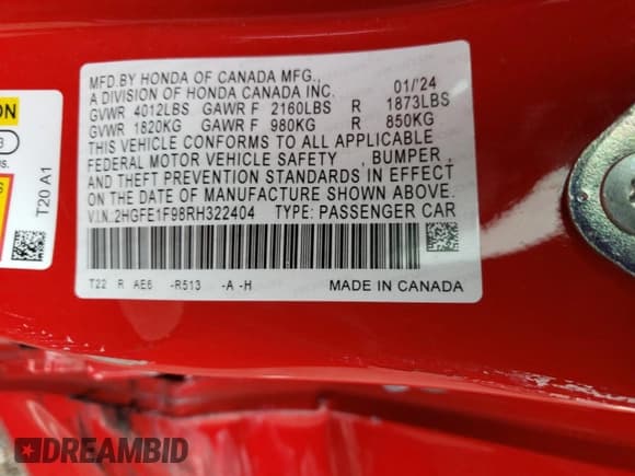 ✅ 2024 Honda Civic Touring • VIN: 2HGFE1F98RH322404 • Лот: 85408995. Опубликован ранее на Copart с пробегом 34 657 миль. Бесплатный доступ к архиву аукционных продаж из США и подробный отчёт об истории автомобиля на DreamBid. Изображение 13.