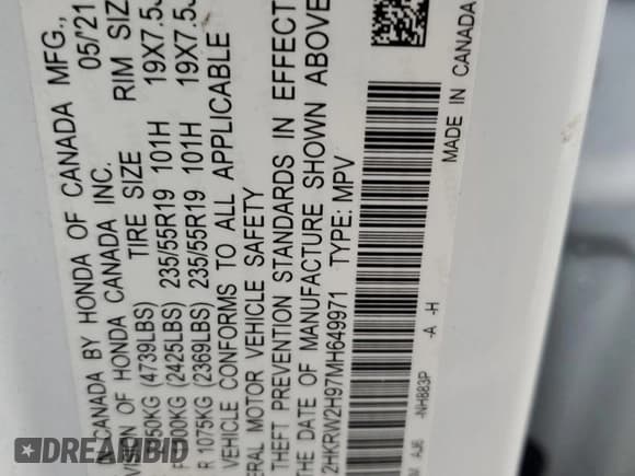 ✅ 2021 Honda CR-V Touring • VIN: 2HKRW2H97MH649971 • Lot: 93375235. Listed on Copart with 100,965 mi. Free auction sales archive from the USA and detailed vehicle history report at DreamBid. Image 12.