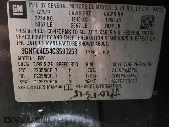 2012 Chevrolet Captiva Sport LTZ с VIN 3GNFL4E54CS590253, выставлен на аукционе Copart как лот 84474744 с пробегом 192 746 миль миль и Списание • Salvage title. История ставок и продаж доступна на DreamBid. Изображение 13.