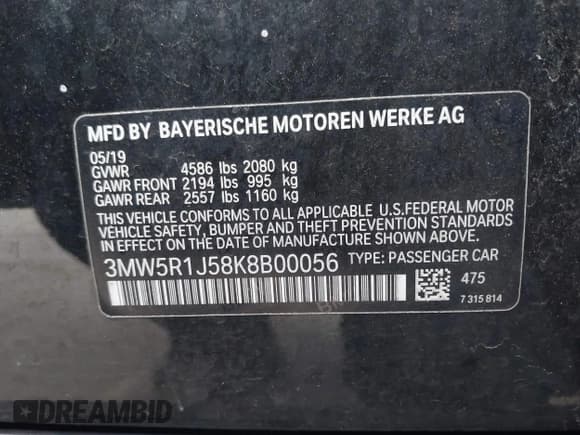 ✅ 2019 BMW 3 Series 330i • VIN: 3MW5R1J58K8B00056 • Lot: 42867518. Listed on IAAI with 74,086 mi. Free auction sales archive from the USA and detailed vehicle history report at DreamBid. Image 9.