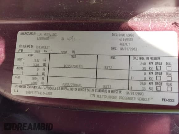 ✅ 2004 Chevrolet Express Passenger • VIN: 1GBFG15T441149305 • Lot: 43040447. Listed on IAAI with 169,635 mi. Free auction sales archive from the USA and detailed vehicle history report at DreamBid. Image 9.