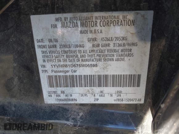 ✅ 2007 Mazda 6 S Grand Touring • VIN: 1YVHP81D675M06595 • Лот: 43492216. Опубликован ранее на IAAI с пробегом 279 732 миль. Бесплатный доступ к архиву аукционных продаж из США и подробный отчёт об истории автомобиля на DreamBid. Изображение 9.