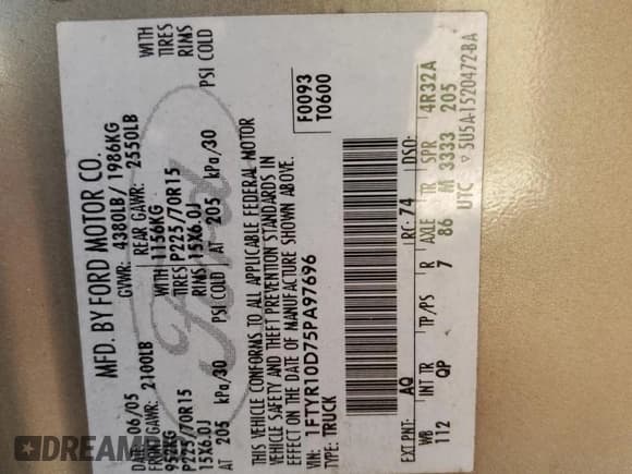 ✅ 2005 Ford Ranger XL • VIN: 1FTYR10D75PA97696 • Лот: 64770355. Опубликован ранее на Copart с пробегом 112 482 миль. Бесплатный доступ к архиву аукционных продаж из США и подробный отчёт об истории автомобиля на DreamBid. Изображение 12.