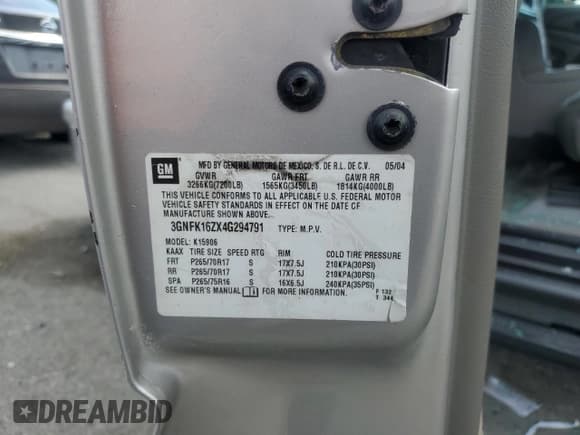 ✅ 2004 Chevrolet Suburban Z71 • VIN: 3GNFK16ZX4G294791 • Лот: 67511514. Опубликован ранее на Copart с пробегом 235 850 миль. Бесплатный доступ к архиву аукционных продаж из США и подробный отчёт об истории автомобиля на DreamBid. Изображение 13.