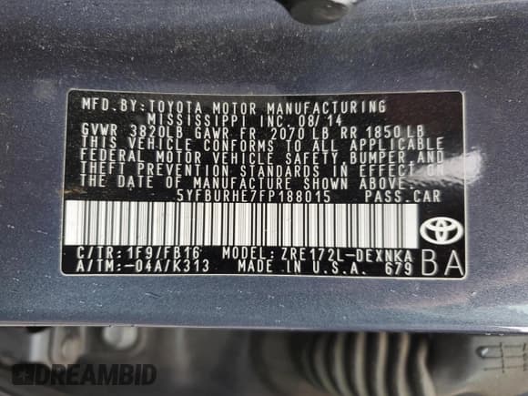 ✅ 2015 Toyota Corolla LE • VIN: 5YFBURHE7FP188015 • Лот: 92470535. Опубликован ранее на Copart с пробегом 219 932 миль. Бесплатный доступ к архиву аукционных продаж из США и подробный отчёт об истории автомобиля на DreamBid. Изображение 12.