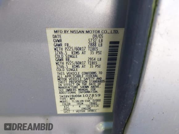 ✅ 2006 Nissan Quest S Special Edition • VIN: 5N1BV28U06N107859 • Lot: 42188775. Listed on IAAI with 180,878 mi. Free auction sales archive from the USA and detailed vehicle history report at DreamBid. Image 9.