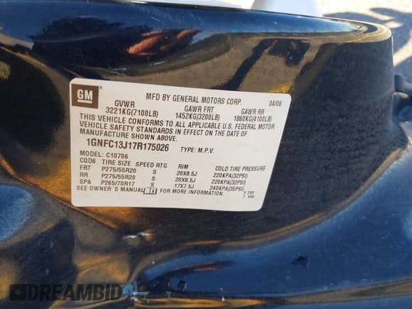 ✅ 2007 Chevrolet Tahoe LT • VIN: 1GNFC13J17R175026 • Lot: 41052039. Listed on IAAI with 336,184 mi. Free auction sales archive from the USA and detailed vehicle history report at DreamBid. Image 9.