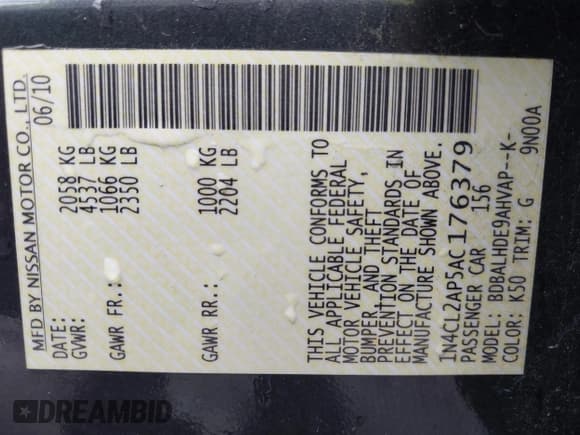 ✅ 2010 Nissan Altima Hybrid • VIN: 1N4CL2AP5AC176379 • Lot: 43741837. Listed on IAAI with 179,836 mi. Free auction sales archive from the USA and detailed vehicle history report at DreamBid. Image 9.