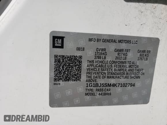 2019 Chevrolet Cruze с VIN 1G1BJ5SM4K7102794, выставлен на аукционе Copart как лот 48442602 с пробегом 102 458 миль миль и . История ставок и продаж доступна на DreamBid. Изображение 10.