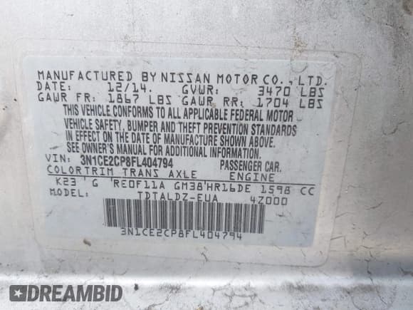 ✅ 2015 Nissan Note S • VIN: 3N1CE2CP8FL404794 • Лот: 43846338. Опубликован ранее на IAAI с пробегом 141 966 миль. Бесплатный доступ к архиву аукционных продаж из США и подробный отчёт об истории автомобиля на DreamBid. Изображение 9.