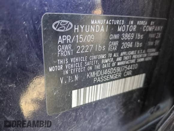 ✅ 2009 Hyundai Elantra GLS • VIN: KMHDU46D59U754410 • Lot: 54224895. Listed on Copart with 153,256 mi. Free auction sales archive from the USA and detailed vehicle history report at DreamBid. Image 12.