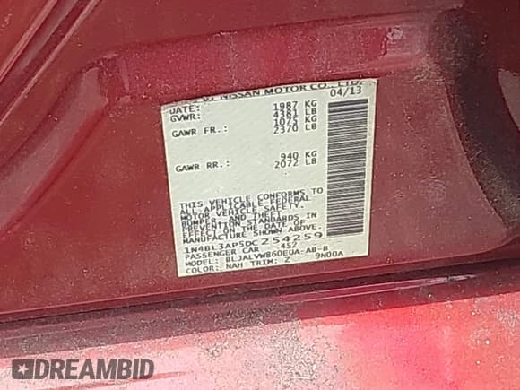 ✅ 2013 Nissan Altima SV • VIN: 1N4BL3AP5DC254259 • Lot: 42637227. Listed on IAAI with 46,711 mi. Free auction sales archive from the USA and detailed vehicle history report at DreamBid. Image 9.