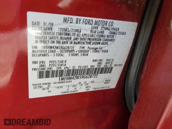 ✅ 2009 Mercury Sable Premier • VIN: 1MEHM42W59G628722 • Lot: 79642074. Wystawiony na Copart z przebiegiem 80 369 mil. Bezpłatny archiwum sprzedaży aukcyjnych z USA i szczegółowy raport historii pojazdu na DreamBid. Zdjęcie 14.