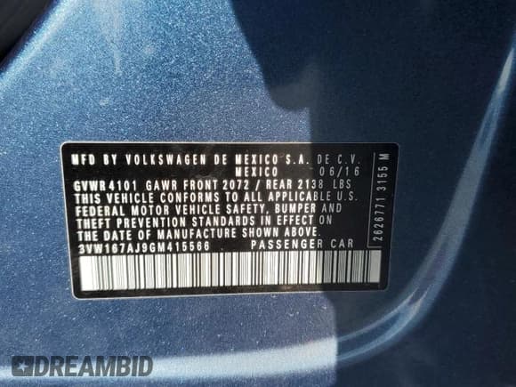 ✅ 2016 Volkswagen Jetta S • VIN: 3VW167AJ9GM415566 • Lot: 92093655. Listed on Copart with 102,147 mi. Free auction sales archive from the USA and detailed vehicle history report at DreamBid. Image 12.