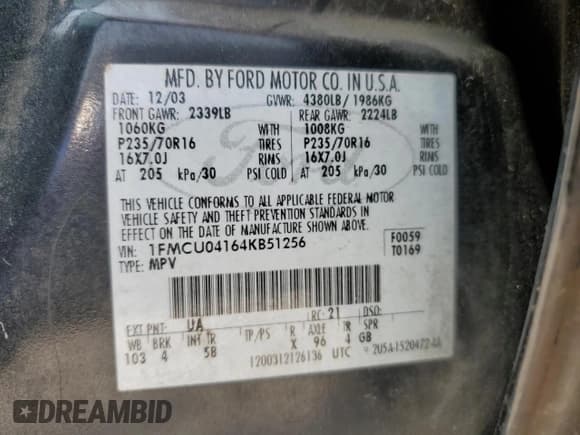 ✅ 2004 Ford Escape Limited • VIN: 1FMCU04164KB51256 • Lot: 58969565. Listed on Copart with 137,360 mi. Free auction sales archive from the USA and detailed vehicle history report at DreamBid. Image 13.