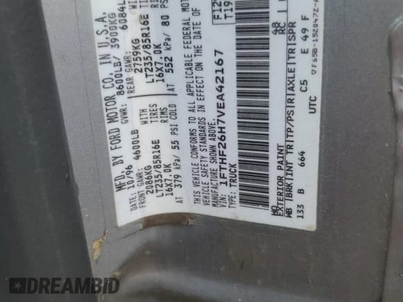 ✅ 1997 Ford F-250 • VIN: 1FTHF26H7VEA42167 • Lot: 60876715. Listed on Copart with 138,788 mi. Free auction sales archive from the USA and detailed vehicle history report at DreamBid. Image 12.