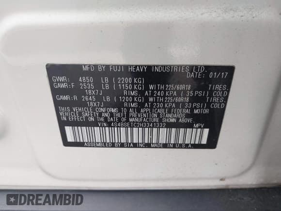 ✅ 2017 Subaru Outback Touring • VIN: 4S4BSETC2H3341332 • Lot: 42895227. Listed on IAAI with 101,057 mi. Free auction sales archive from the USA and detailed vehicle history report at DreamBid. Image 9.