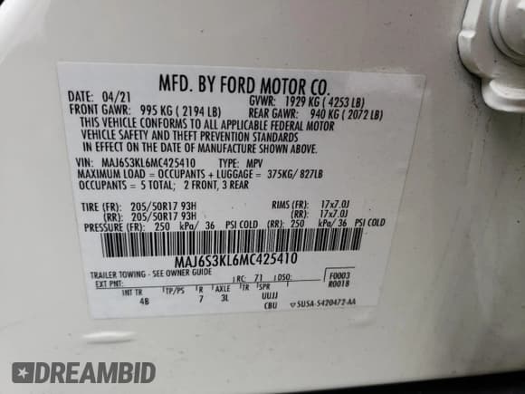 ✅ 2021 Ford EcoSport Titanium • VIN: MAJ6S3KL6MC425410 • Lot: 69094005. Listed on Copart with 47,445 mi. Free auction sales archive from the USA and detailed vehicle history report at DreamBid. Image 13.