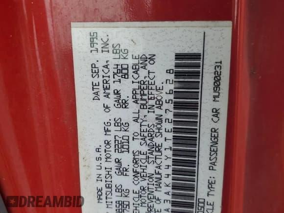 ✅ 1996 Mitsubishi Eclipse GS • VIN: 4A3AK44Y1TE275628 • Lot: 69211295. Listed on Copart with 162,237 mi. Free auction sales archive from the USA and detailed vehicle history report at DreamBid. Image 12.