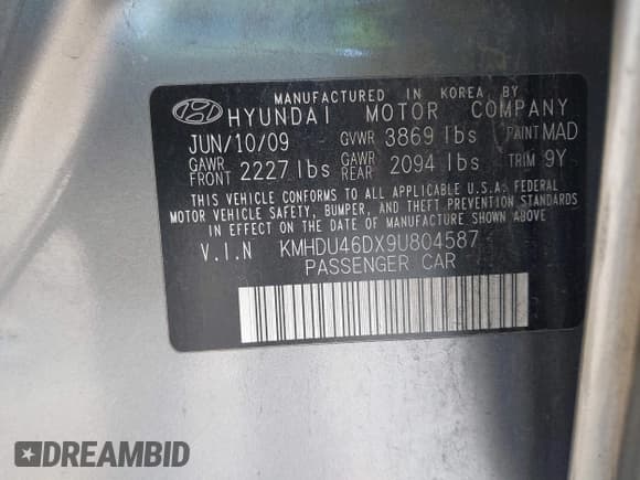 ✅ 2009 Hyundai Elantra GLS • VIN: KMHDU46DX9U804587 • Lot: 43604680. Listed on IAAI with 237,217 mi. Free auction sales archive from the USA and detailed vehicle history report at DreamBid. Image 9.