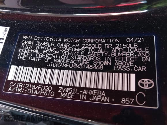 ✅ 2021 Toyota Prius L Eco • VIN: JTDKAMFU4M3148468 • Lot: 42710611. Listed on IAAI with 160,129 mi. Free auction sales archive from the USA and detailed vehicle history report at DreamBid. Image 9.