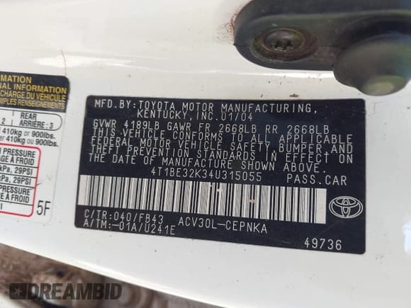 ✅ 2004 Toyota Camry LE • VIN: 4T1BE32K34U315055 • Лот: 43479578. Опубликован ранее на IAAI с пробегом 333 004 миль. Бесплатный доступ к архиву аукционных продаж из США и подробный отчёт об истории автомобиля на DreamBid. Изображение 9.