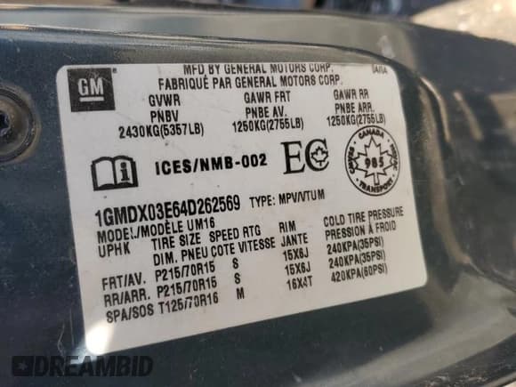 ✅ 2004 Pontiac Montana 1SA • VIN: 1GMDX03E64D262569 • Lot: 51320305. Wystawiony na Copart z przebiegiem Nie podano. Bezpłatny archiwum sprzedaży aukcyjnych z USA i szczegółowy raport historii pojazdu na DreamBid. Zdjęcie 14.