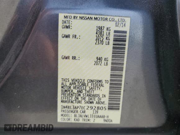 ✅ 2014 Nissan Altima S • VIN: 1N4BL3AP7EC292805 • Lot: 42700545. Listed on Copart with 109,166 mi. Free auction sales archive from the USA and detailed vehicle history report at DreamBid. Image 12.