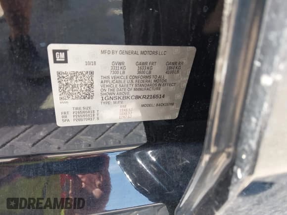 ✅ 2019 Chevrolet Tahoe LT • VIN: 1GNSKBKC8KR216514 • Lot: 43226666. Listed on IAAI with 158,668 mi. Free auction sales archive from the USA and detailed vehicle history report at DreamBid. Image 9.