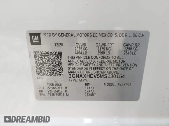 ✅ 2021 Chevrolet Equinox LS • VIN: 3GNAXHEV5MS130154 • Lot: 43536248. Listed on IAAI with 39,052 mi. Free auction sales archive from the USA and detailed vehicle history report at DreamBid. Image 9.