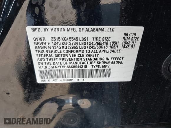 ✅ 2019 Honda Pilot EX-L • VIN: 5FNYF5H58KB044315 • Lot: 43127518. Listed on IAAI with 63,216 mi. Free auction sales archive from the USA and detailed vehicle history report at DreamBid. Image 9.