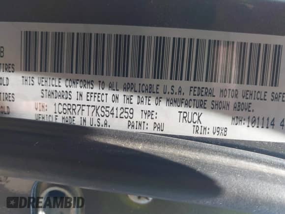 2019 Ram 1500 Tradesman with VIN 1C6RR7FT7KS541259, listed as a IAAI auction lot 42593901 with 90,476 mi miles and . Bid and sale history available at DreamBid. Image 9.