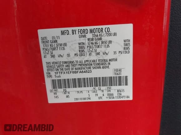 ✅ 2011 Ford F-150 FX4 • VIN: 1FTFX1EF8BFA64523 • Lot: 43374130. Listed on IAAI with 172,991 mi. Free auction sales archive from the USA and detailed vehicle history report at DreamBid. Image 9.