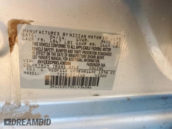 ✅ 2014 Nissan Note SV • VIN: 3N1CE2CP0EL436086 • Лот: 60297035. Опубликован ранее на Copart с пробегом 91 560 миль. Бесплатный доступ к архиву аукционных продаж из США и подробный отчёт об истории автомобиля на DreamBid. Изображение 13.