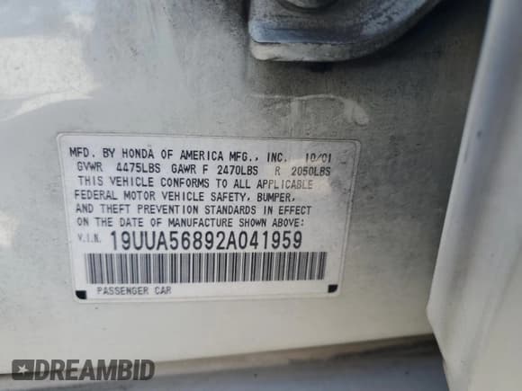 ✅ 2002 Acura TL Type S • VIN: 19UUA56892A041959 • Lot: 81617425. Wystawiony na Copart z przebiegiem 182 085 mil. Bezpłatny archiwum sprzedaży aukcyjnych z USA i szczegółowy raport historii pojazdu na DreamBid. Zdjęcie 12.