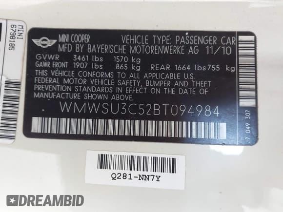 ✅ 2011 MINI Hardtop • VIN: WMWSU3C52BT094984 • Lot: 43148662. Listed on IAAI with 114,263 mi. Free auction sales archive from the USA and detailed vehicle history report at DreamBid. Image 9.