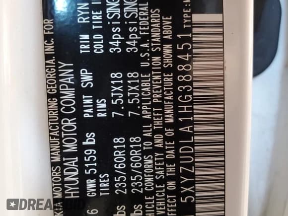 ✅ 2017 Hyundai Santa Fe 2.0T • VIN: 5XYZUDLA1HG388451 • Lot: 60595195. Listed on Copart with 126,973 mi. Free auction sales archive from the USA and detailed vehicle history report at DreamBid. Image 14.