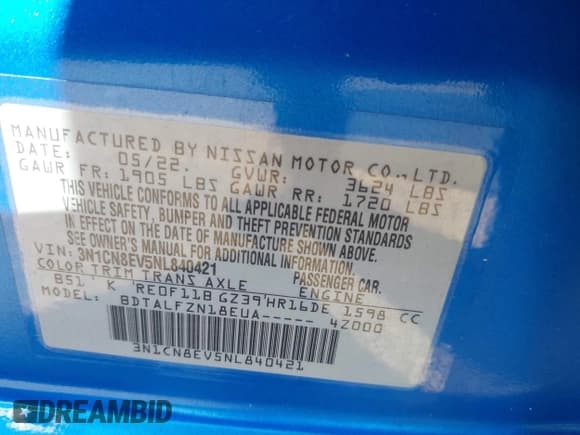 ✅ 2022 Nissan Versa SV • VIN: 3N1CN8EV5NL840421 • Lot: 41645793. Listed on IAAI with 28,830 mi. Free auction sales archive from the USA and detailed vehicle history report at DreamBid. Image 9.