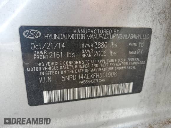 2015 Hyundai Elantra Limited с VIN 5NPDH4AEXFH601908, выставлен на аукционе Copart как лот 85700025 с пробегом 179 078 миль миль и Списание • Salvage title. История ставок и продаж доступна на DreamBid. Изображение 12.