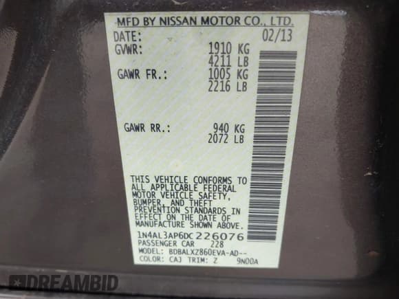 ✅ 2013 Nissan Altima S • VIN: 1N4AL3AP6DC226076 • Лот: 43203630. Опубликован ранее на IAAI с пробегом 70 893 миль. Бесплатный доступ к архиву аукционных продаж из США и подробный отчёт об истории автомобиля на DreamBid. Изображение 9.