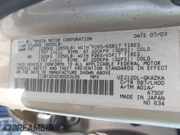 ✅ 2003 Lexus GX 470 • VIN: JTJBT20X030023126 • Лот: 42421067. Опубликован ранее на IAAI с пробегом 180 356 миль. Бесплатный доступ к архиву аукционных продаж из США и подробный отчёт об истории автомобиля на DreamBid. Изображение 9.