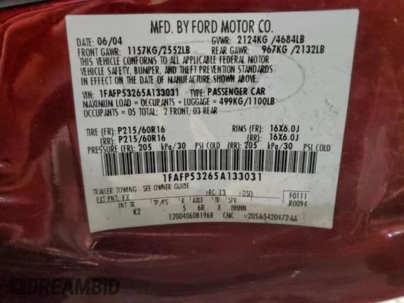 ✅ 2005 Ford Taurus SE • VIN: 1FAFP53265A133031 • Lot: 94897365. Listed on Copart with 151,808 mi. Free auction sales archive from the USA and detailed vehicle history report at DreamBid. Image 12.