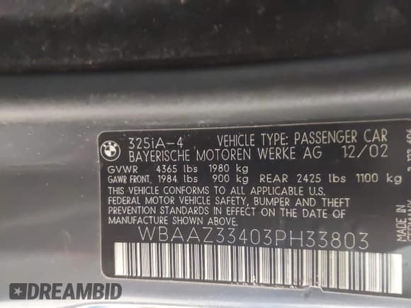 ✅ 2003 BMW 3 Series 325i • VIN: WBAAZ33403PH33803 • Lot: 42580500. Listed on IAAI with 148,910 mi. Free auction sales archive from the USA and detailed vehicle history report at DreamBid. Image 9.