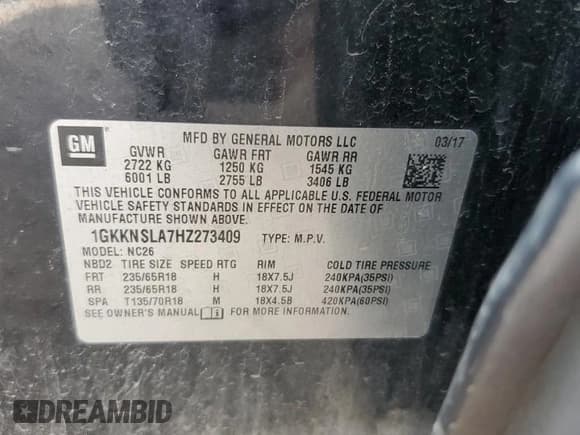 ✅ 2017 GMC Acadia SLE • VIN: 1GKKNSLA7HZ273409 • Лот: 69520405. Опубликован ранее на Copart с пробегом 170 311 миль. Бесплатный доступ к архиву аукционных продаж из США и подробный отчёт об истории автомобиля на DreamBid. Изображение 13.