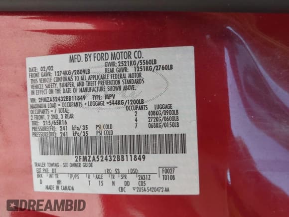 ✅ 2002 Ford Windstar SE • VIN: 2FMZA52432BB11849 • Lot: 42696639. Listed on IAAI with 203,378 mi. Free auction sales archive from the USA and detailed vehicle history report at DreamBid. Image 9.