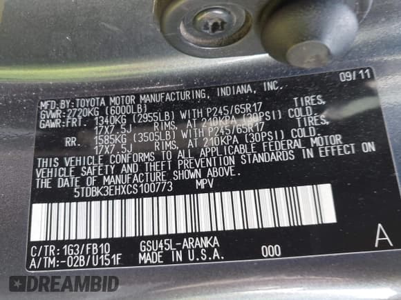 ✅ 2012 Toyota Highlander SE • VIN: 5TDBK3EHXCS100773 • Lot: 43379275. Listed on IAAI with 93,099 mi. Free auction sales archive from the USA and detailed vehicle history report at DreamBid. Image 9.