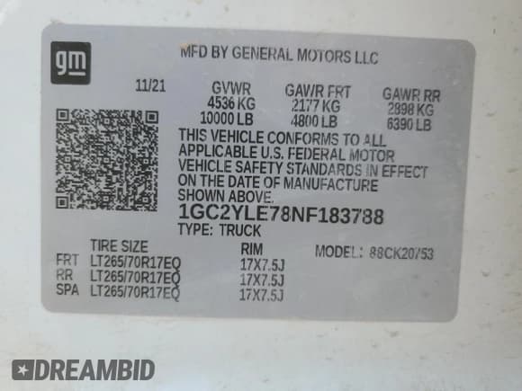 ✅ 2022 Chevrolet Silverado 2500HD Work Truck • VIN: 1GC2YLE78NF183788 • Lot: 45997065. Wystawiony na Copart z przebiegiem 118 249 mil. Bezpłatny archiwum sprzedaży aukcyjnych z USA i szczegółowy raport historii pojazdu na DreamBid. Zdjęcie 12.
