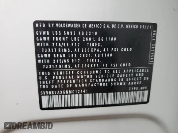 ✅ 2022 Volkswagen Tiguan S • VIN: 3VV0B7AX5NM012441 • Lot: 85072885. Wystawiony na Copart z przebiegiem 48 413 mil. Bezpłatny archiwum sprzedaży aukcyjnych z USA i szczegółowy raport historii pojazdu na DreamBid. Zdjęcie 14.