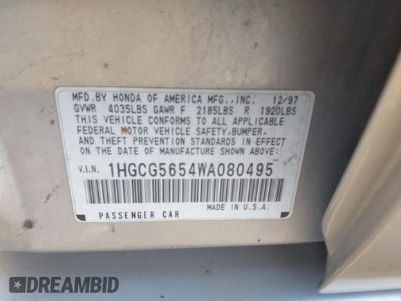 ✅ 1998 Honda Accord EX • VIN: 1HGCG5654WA080495 • Лот: 43043532. Опубликован ранее на IAAI с пробегом 185 339 миль. Бесплатный доступ к архиву аукционных продаж из США и подробный отчёт об истории автомобиля на DreamBid. Изображение 9.