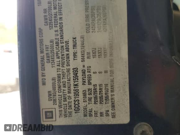 ✅ 2001 Chevrolet S-10 LS • VIN: 1GCCS19561K159493 • Лот: 55622415. Опубликован ранее на Copart с пробегом 86 979 миль. Бесплатный доступ к архиву аукционных продаж из США и подробный отчёт об истории автомобиля на DreamBid. Изображение 12.